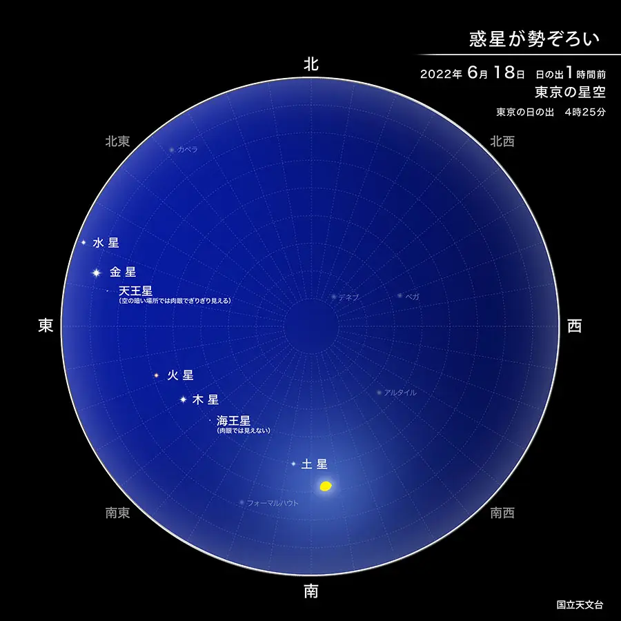 【惑星が勢ぞろい】2022年6月18日日の出1時間前東京の星空