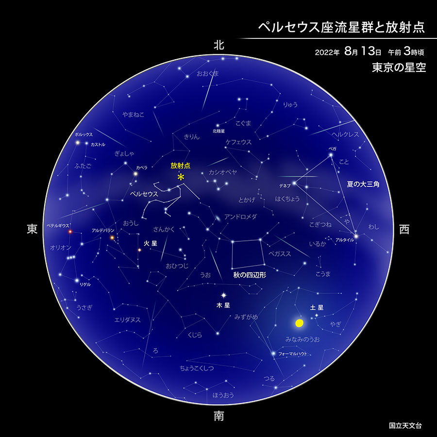ペルセウス座流星群と放射点　2022年8月13日　午前3時頃　東京の星空