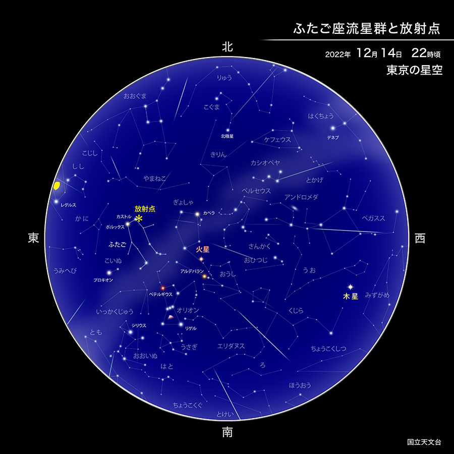 ふたご座流星群と放射点　2022年12月14日22時頃　東京の星空