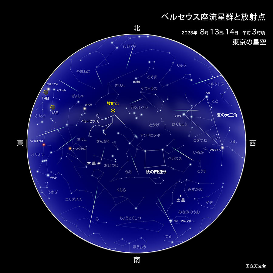 ペルセウス座流星群と放射点　2023年8月13日、14日午前3時頃　東京の星空