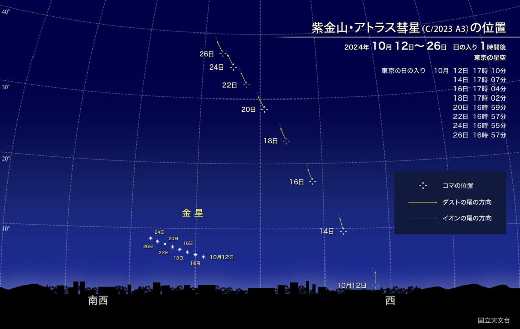 紫金山・アトラス彗星（C/2023A3）の位置 2024年10月12日～26日 日の入り1時間後 東京の星空