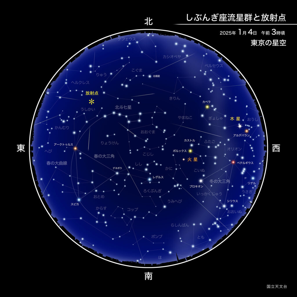 しぶんぎ座流星群と放射点
2025年1月4日午前3時頃
東京の星空