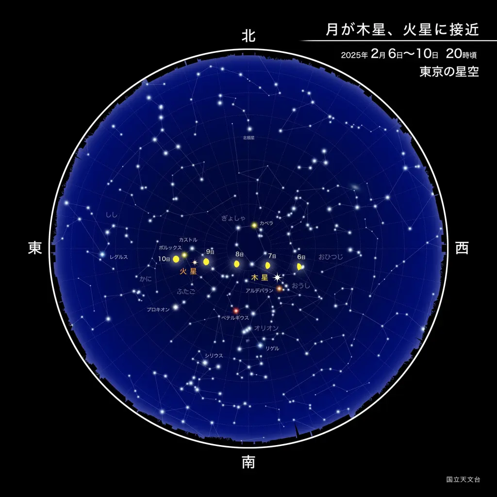 月が木星、火星に接近
2025年2月6日~10日20時頃
東京の星空