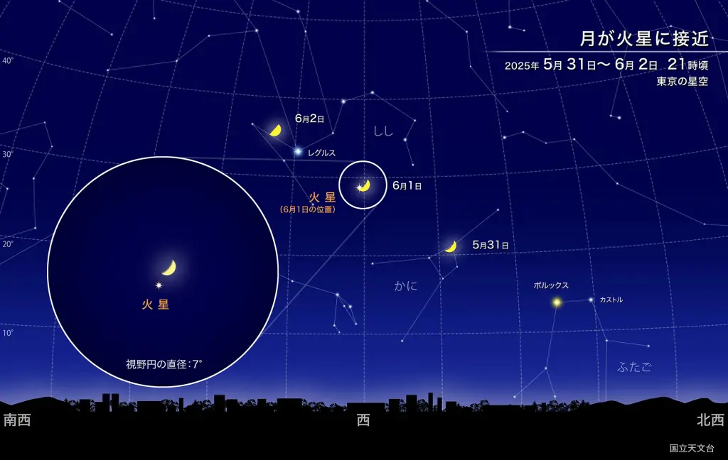 月が火星に接近
2025年5月31日〜6月2日.21時頃
東京の星空