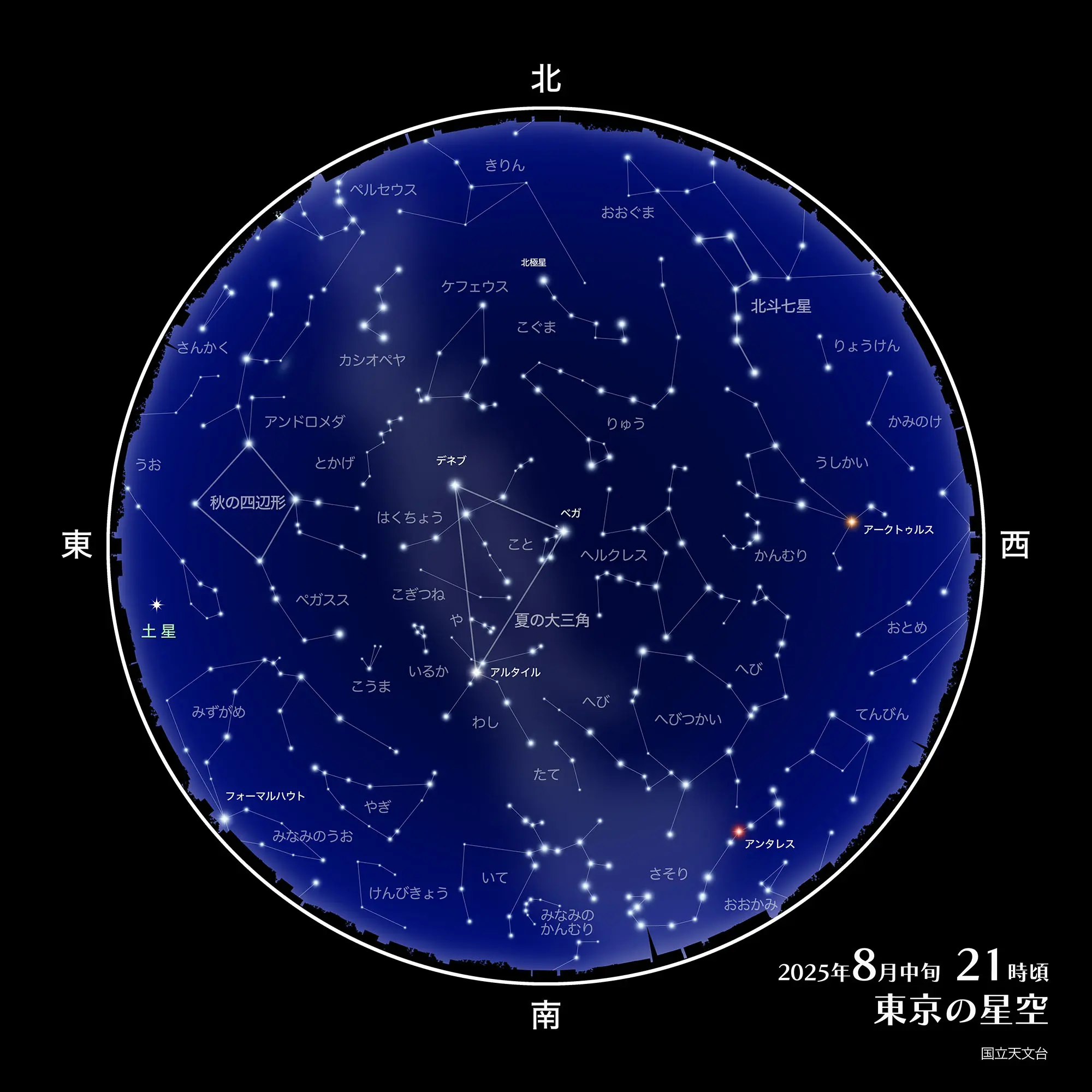 2025年8月中旬 21時頃 東京の星空 国立天文台