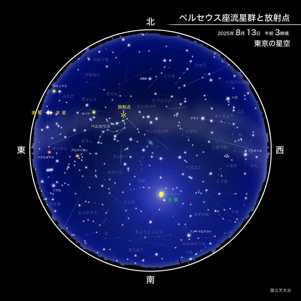 ペルセウス座流星群と放射点
2025年
:8月13日午前 3時頃
東京の星空