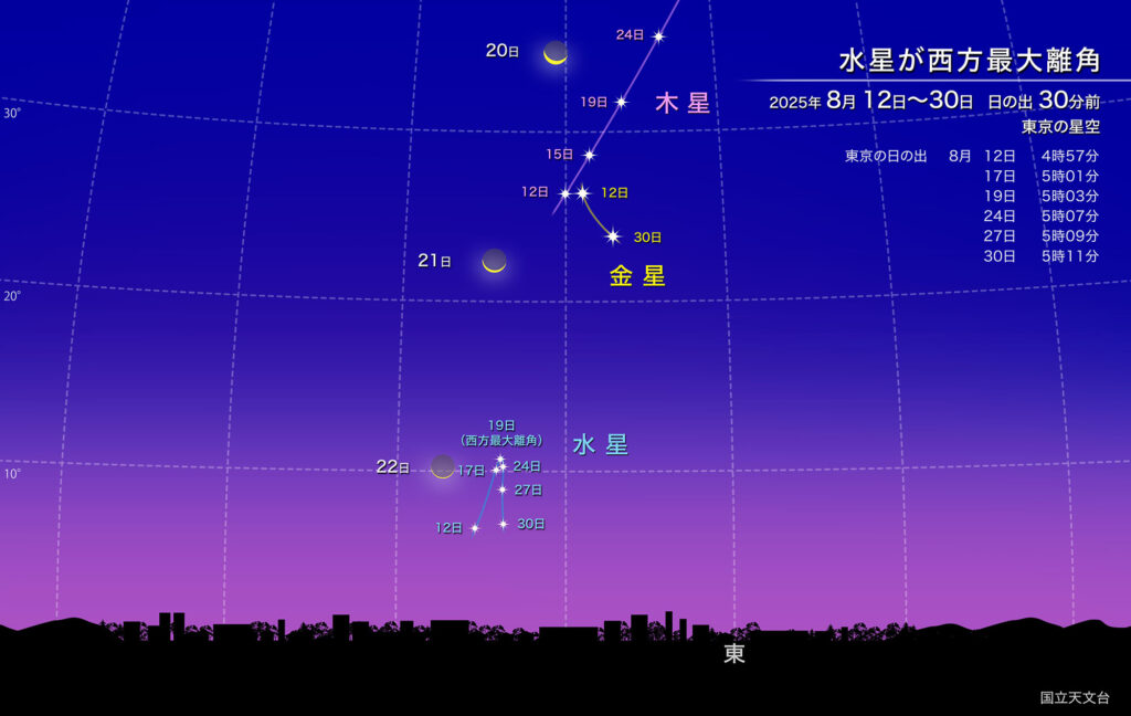 水星が西方最大離角
2025年8月12日~30日
日の出 30分前
東京の星空