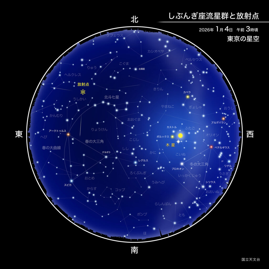 しぶんぎ座流星群と放射点
2026年1月4日午前3時頃
東京の星空
