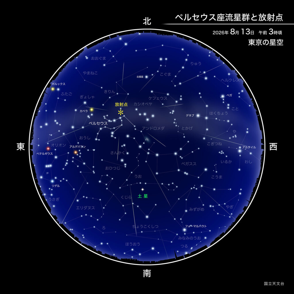 ペルセウス座流星群と放射点
2026年8月13日午前3時頃
東京の星空
